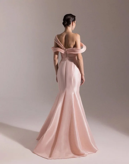 Classic Blushing Pink Off-The-Shoulder Mermaid Pleated Evening Dress