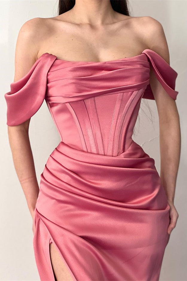 Off-The-Shoulder Dusty Rose Pleated Prom Dress Mermaid Split
