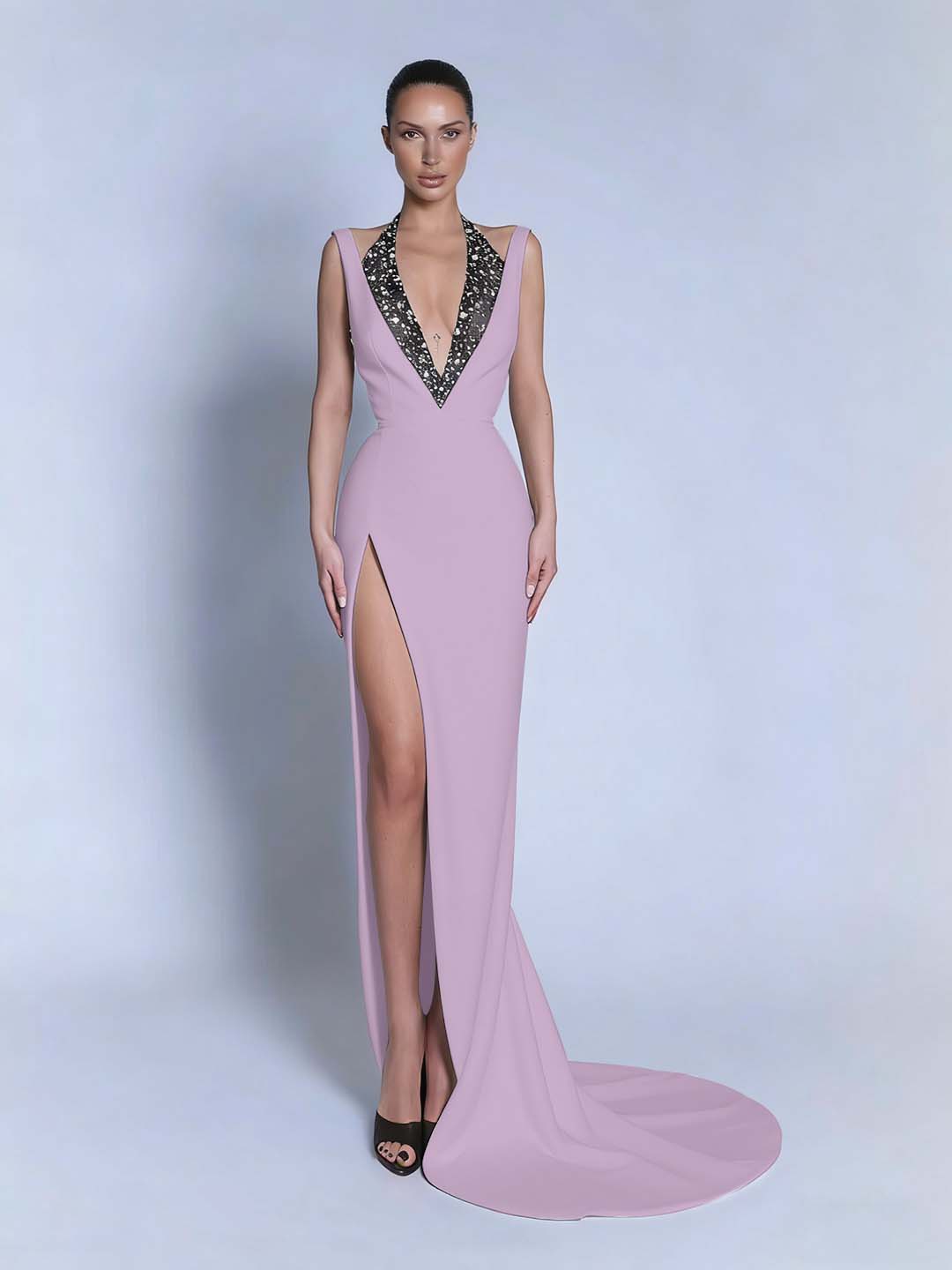 Black Sleeveless Slit Halter Straps Prom Dress With Beads