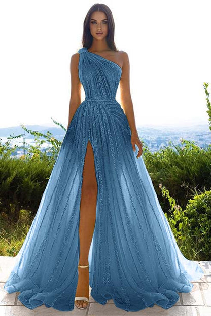 Sequins One Shoulder Prom Dress Daffodil With Front Slit