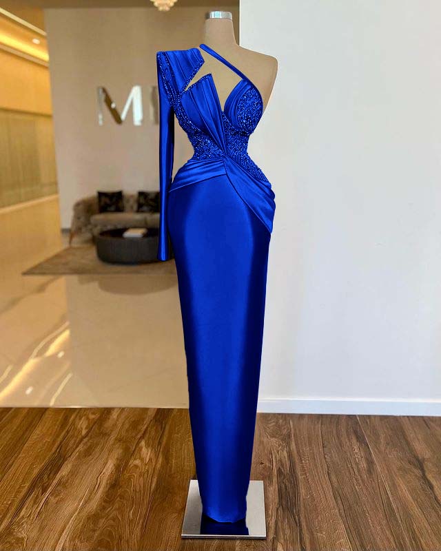 Noble Fuchsia One Shoulder Long Sleeve  Mermaid Evening  Dress With Beads