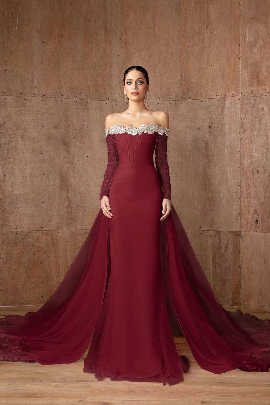 Charming Pink Satin Off the Shoulder Long Sleeves Long Prom Dress with Beadings