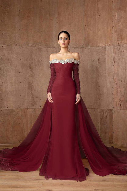 Charming Pink Satin Off the Shoulder Long Sleeves Long Prom Dress with Beadings