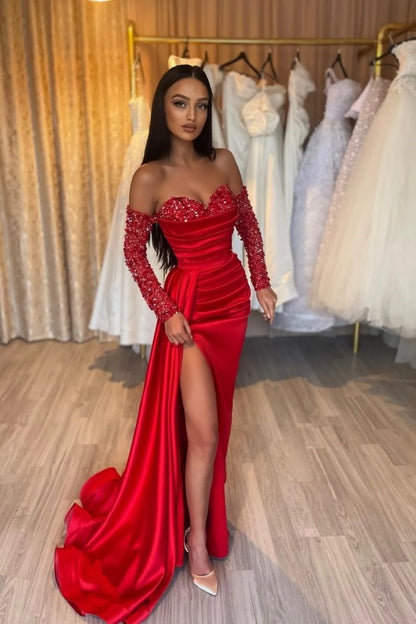Red Strapless Split Prom Dress Long sleeves with Sequins