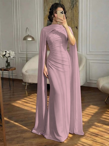 Fashionable Dark Navy Asymmetric Sleeveless Pleated Prom Dress With Scarf
