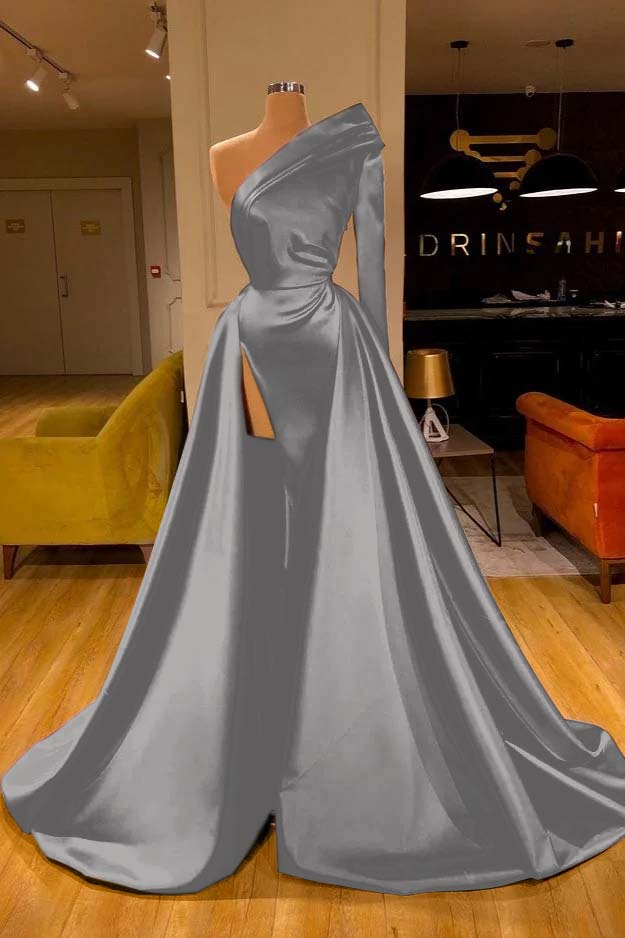 One Shoulder Slit Long Sleeves Prom Dress Overskirt
