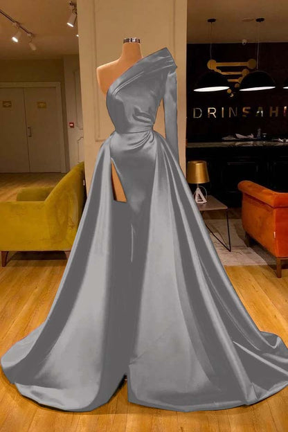 One Shoulder Slit Long Sleeves Prom Dress Overskirt