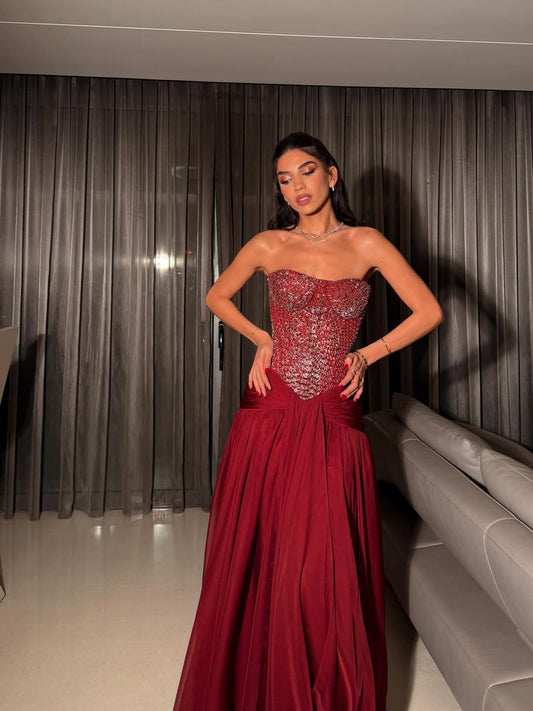 Sparkling Burgundy Strapless Sequins Sleeveless Prom Dress