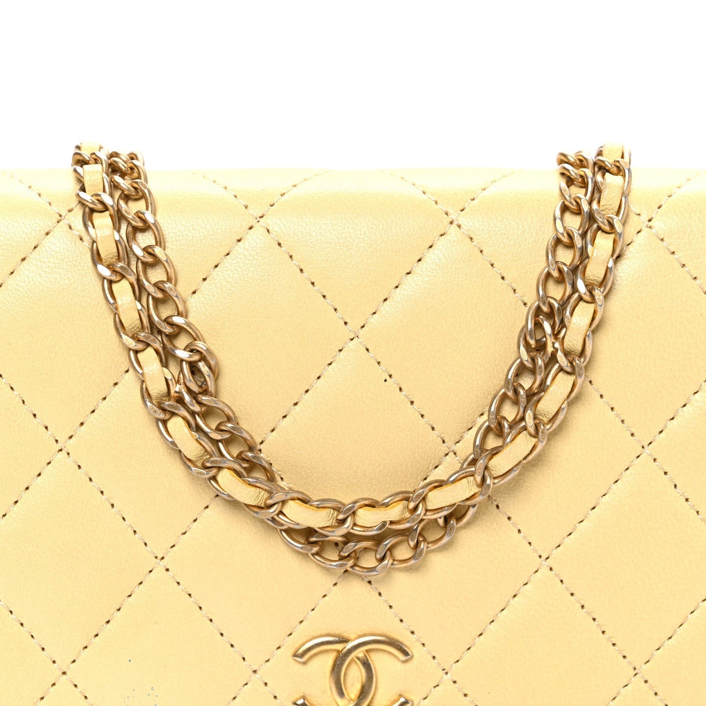 Lambskin Quilted Enamel Wallet On Chain WOC Yellow