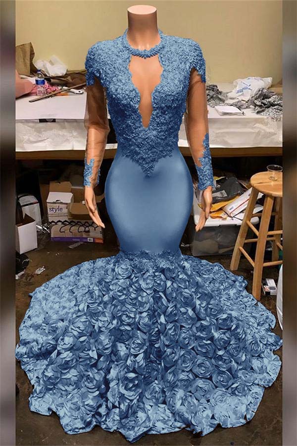 Elegant Mermaid V-Neck Prom Dress Appliques Long Sleeves With Flowers Bottom