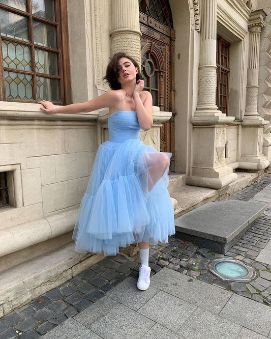 Baby Blue A Line Strapless Tulle Prom Dress Wedding Guest Dress Birthday Dress SH4441