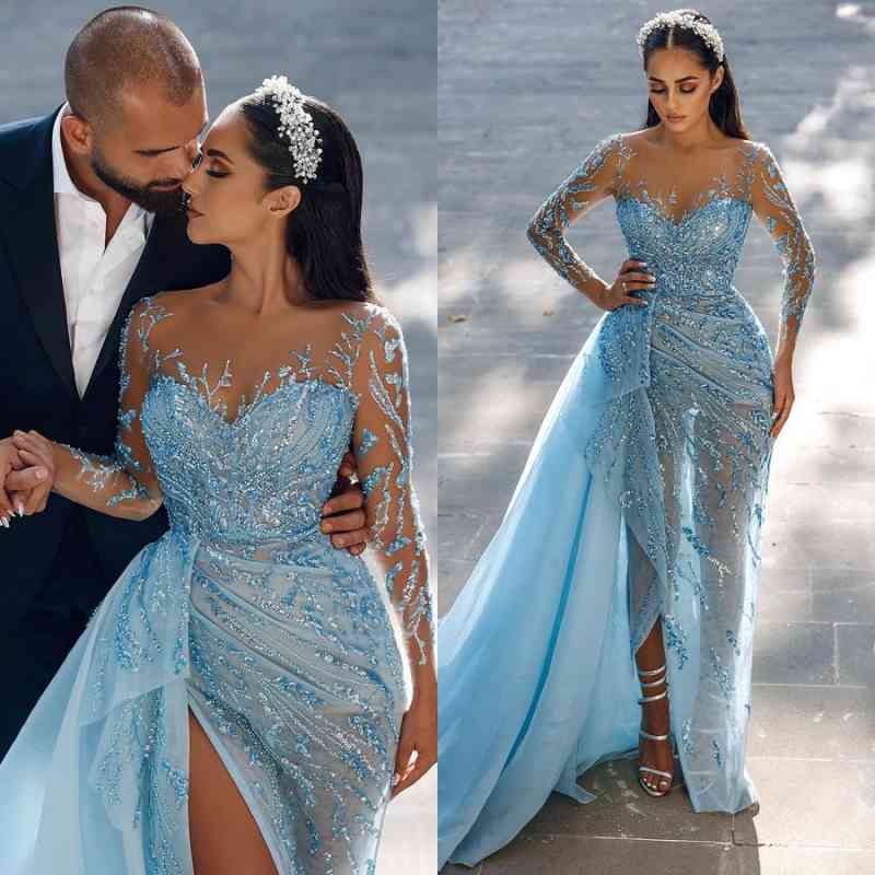 Stunning Sky Blue Long Sleeves Evening Dress Mermaid Split Long With Ruffles Beads