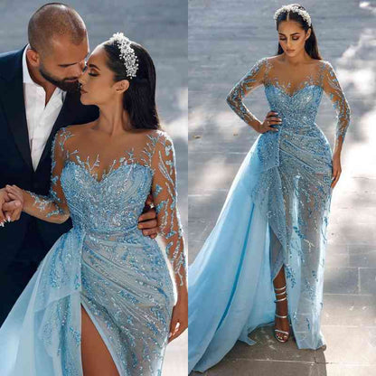 Stunning Sky Blue Long Sleeves Evening Dress Mermaid Split Long With Ruffles Beads