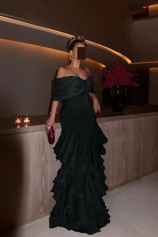 Glamorous Orchid Off the Shoulder Ruffles Evening Dress with Pleated