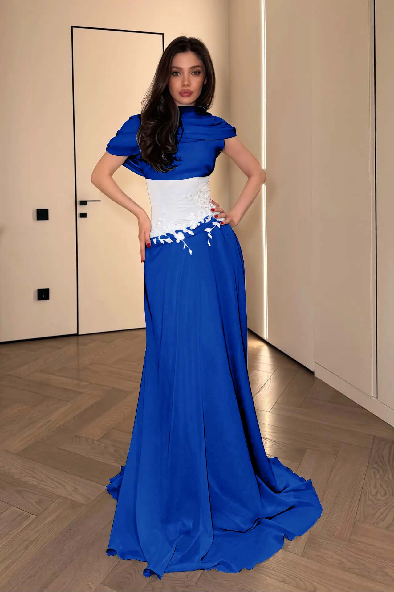 Stunning Chiffon Pleated Embroidery Evening Dress with Draped Shawl Neck