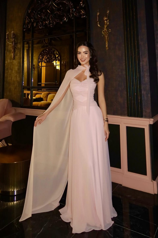 Chiffon Strapless Sleeveless Long A-Line Evening Dress With Pleated And Cape