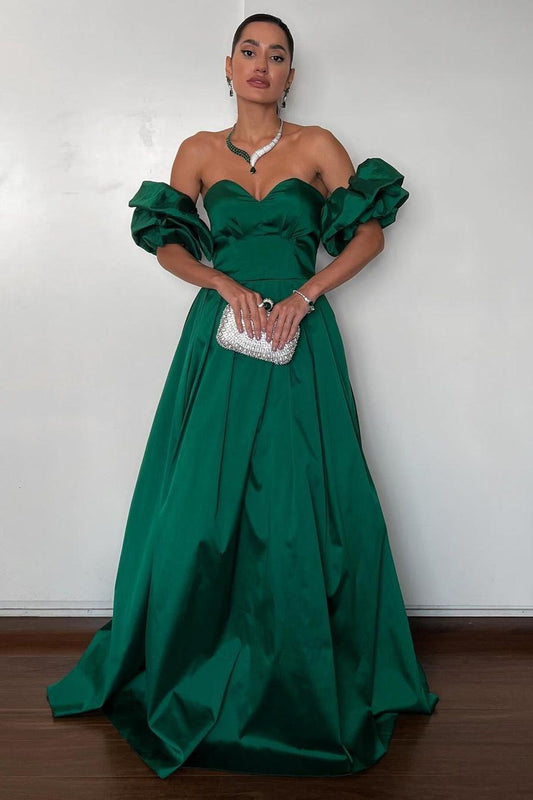 Charming Dark Green Satin Sweetheart Strapless Pleated Long Prom Dress with Ruffles
