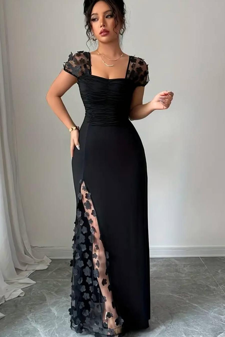 Glamorous Black Satin Applique Square Neck Pleated Prom Dress with Split