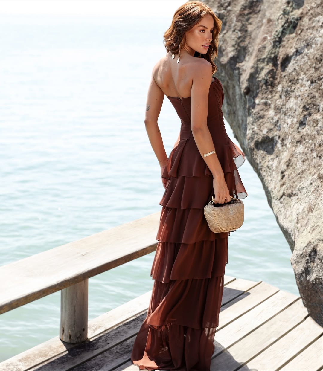 Elegant Sleeveless Tiered Chiffon Long Prom Dress in Chocolate Brown