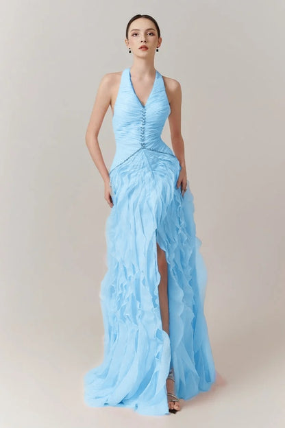 Blushing Pink Halter Strap Pleated V-Neck Split Evening Dress With Beads