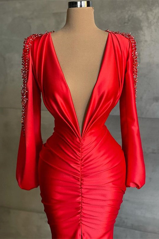 Deep V-Neck Long Sleeves Red Mermaid Prom Dress