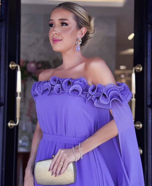 Purple Sleeveless Strapless Off-Shoulders Handmade Flower Prom Dress
