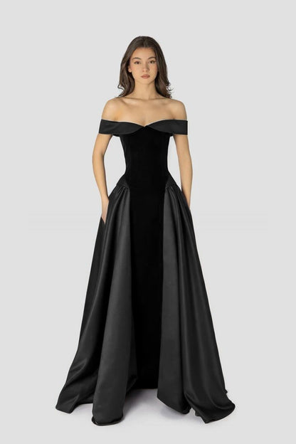 Dreamy Satin Sleeveless Off the Shoulder A-Line Long Evening Dress