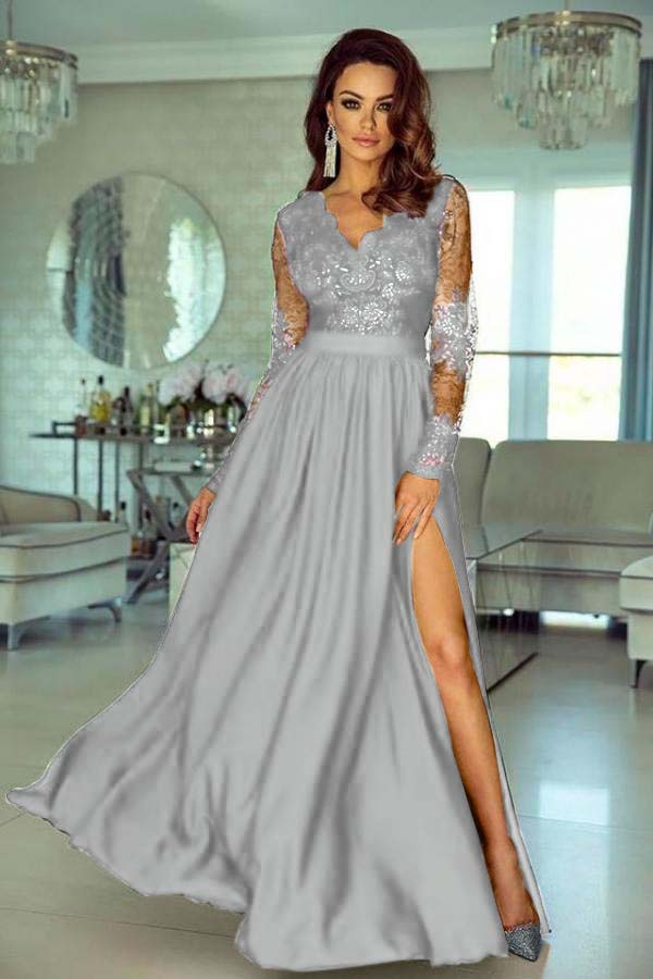 V-Neck Long Sleeve Lace Prom Dress With Slit