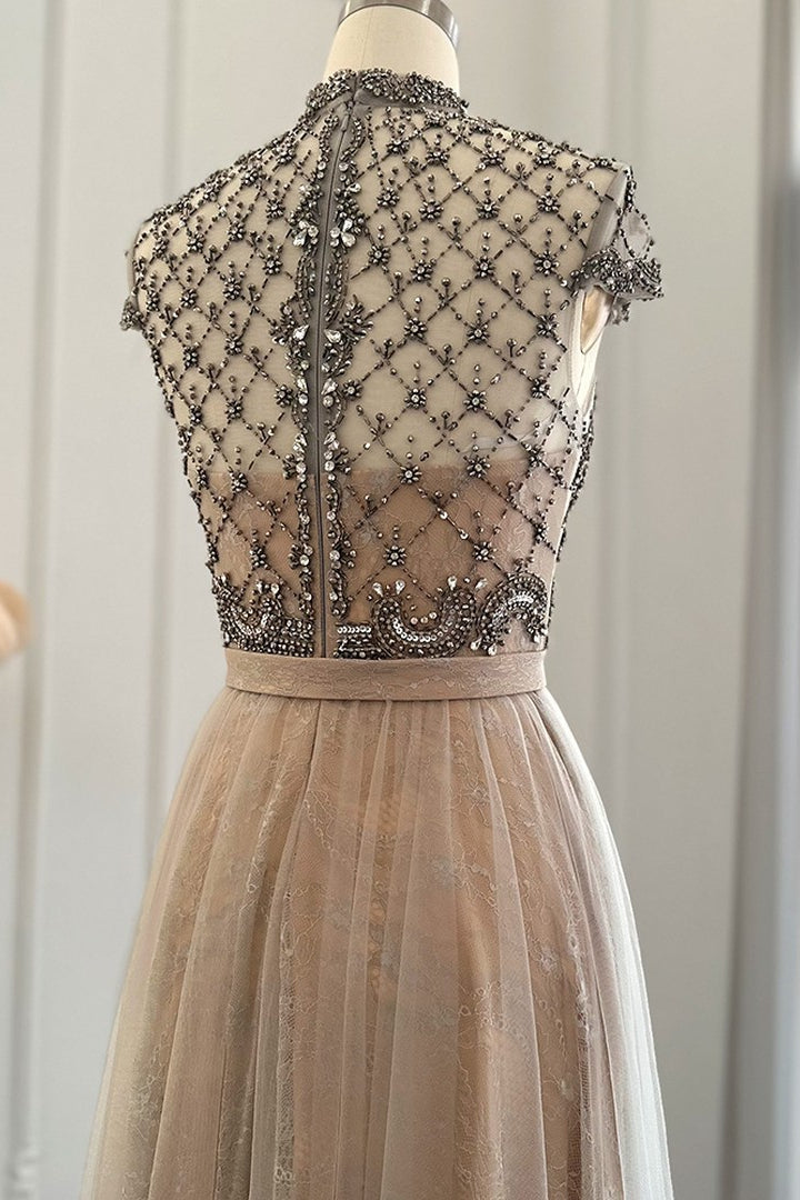 Champagne Jewel Neck A Line Prom Dress Tulle Diamond-Studded