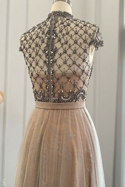 Champagne Jewel Neck A Line Prom Dress Tulle Diamond-Studded