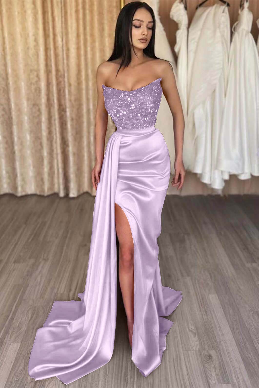 Red Strapless Elegant Long Sequins Prom Dress Mermaid Slit