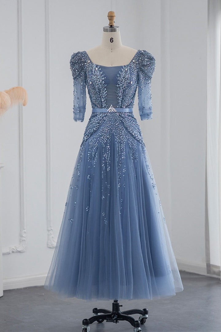 Blue Square Collar A Line Tulle Evening Dress Floor Length With Appliques