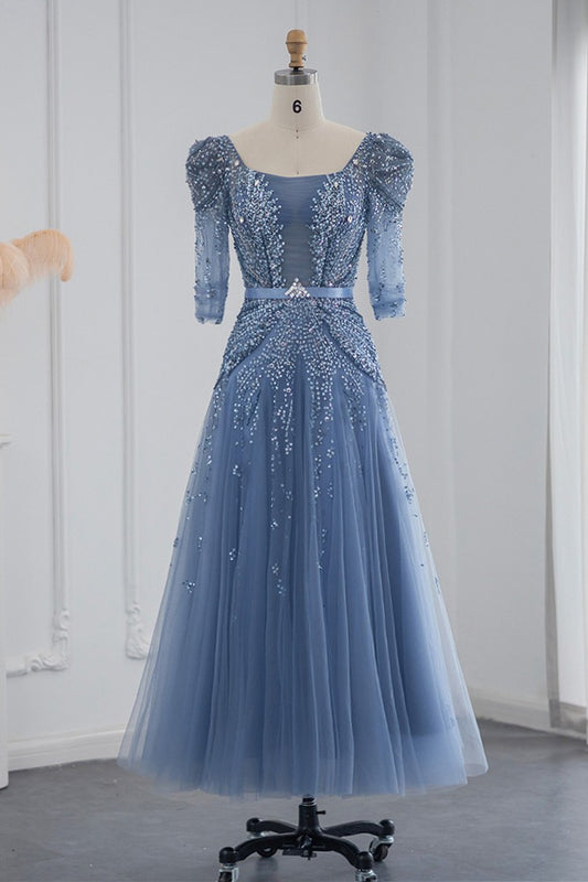 Blue Square Collar A Line Tulle Evening Dress Floor Length With Appliques