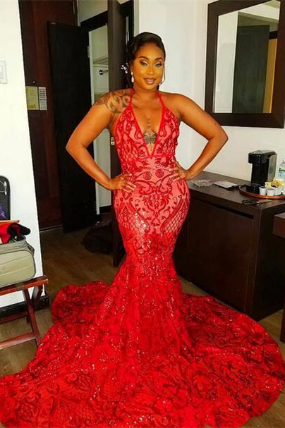 Red Halter Sequins Lace Prom Dress Mermaid