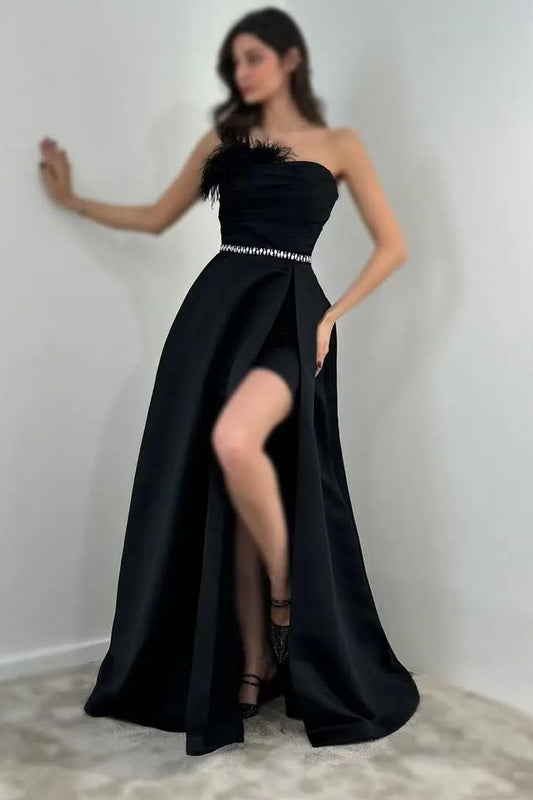 Beautiful Black Satin Sleeveless Strapless Long Split Prom Dress with Feathers