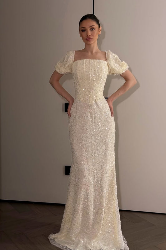 Stunning Puff Sleeve Square Pleated Sequins Beading Evening Dress