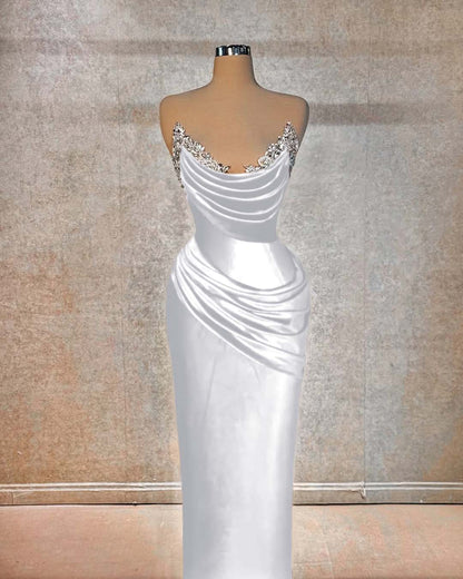 Red Sleeveless Strapless Mermaid Pleated Beads Prom Dress