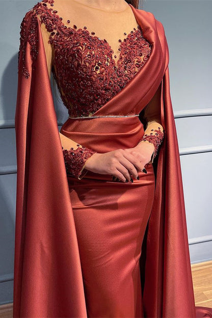 Rust Long Sleeves Beads Appliques Mermaid Evening Dress With Ruffles