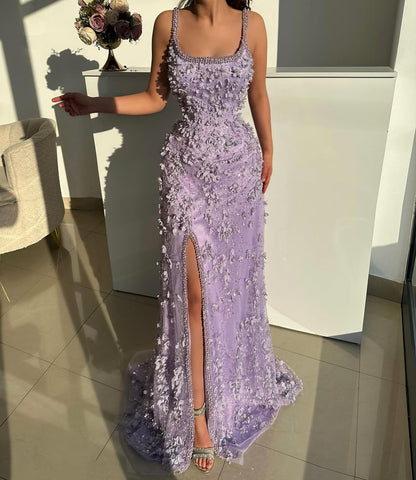 Purple Sleeveless Spaghetti Straps Mermaid Prom Dress With Beads