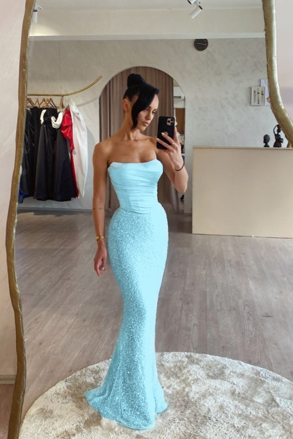 Pink Satin Sequins Spliced Strapless Mermaid Prom Dress