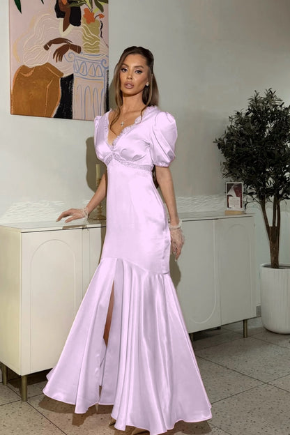 Blushing Pink V-Neck Mermaid Evening Dress Puff sleeves Floor Length with Lace