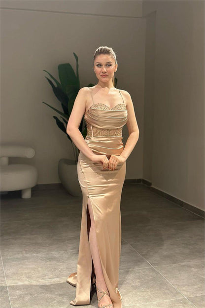Chic Ink Blue Spaghetti Strap Sleeveless Pleated Long Split Evening Dress with Beadings
