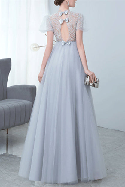 Grey Long Evening Dress Bowknot Tulle With High Collar Appliques