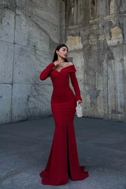 Stunning Dark Green Strapless Long Sleeves Deep V Neck Mermaid Prom Dress with Split