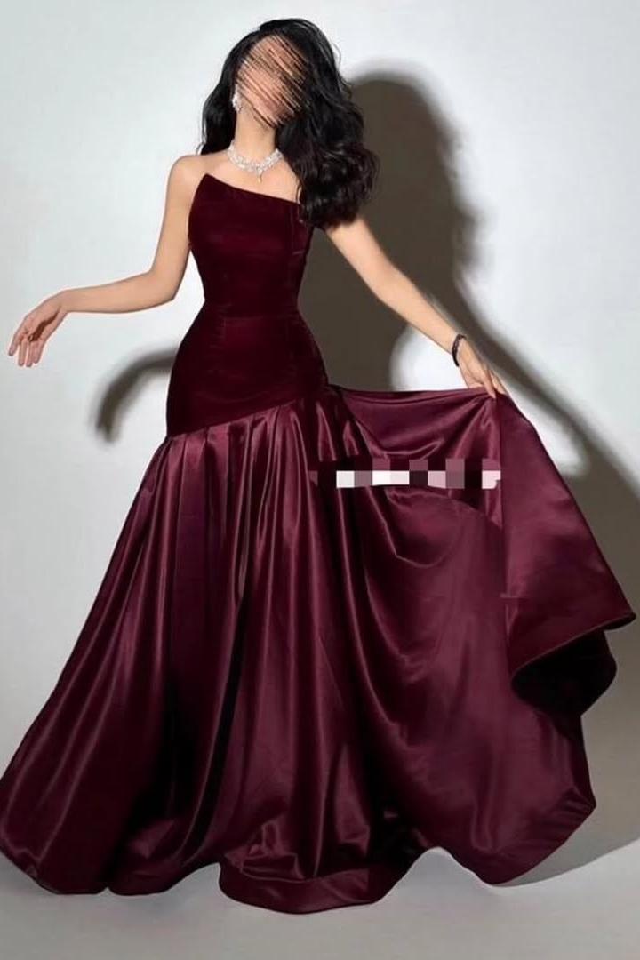 Beautiful Grape Satin Sleeveless Strapless Velvet Long Prom Dress with Pleated