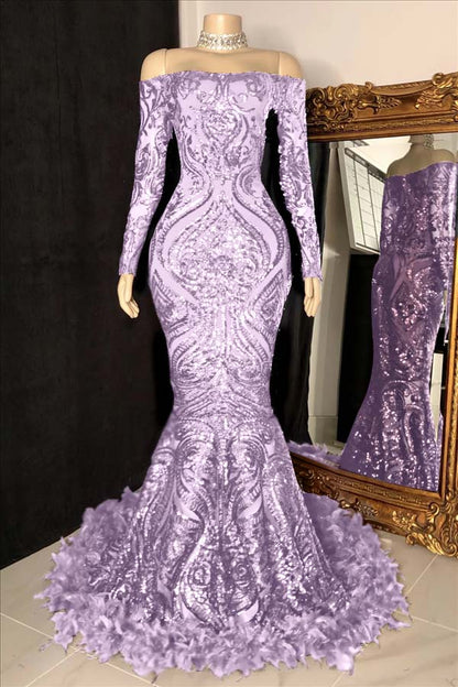 Long Sleeves Mermaid Prom Dress Sequins Burgundy With Feather