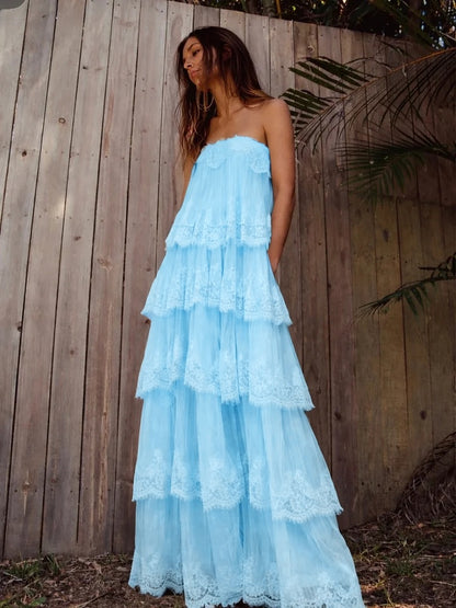 Elegant Cream Spaghetti-Straps Sleeveless Lace Pleated Evening Dress