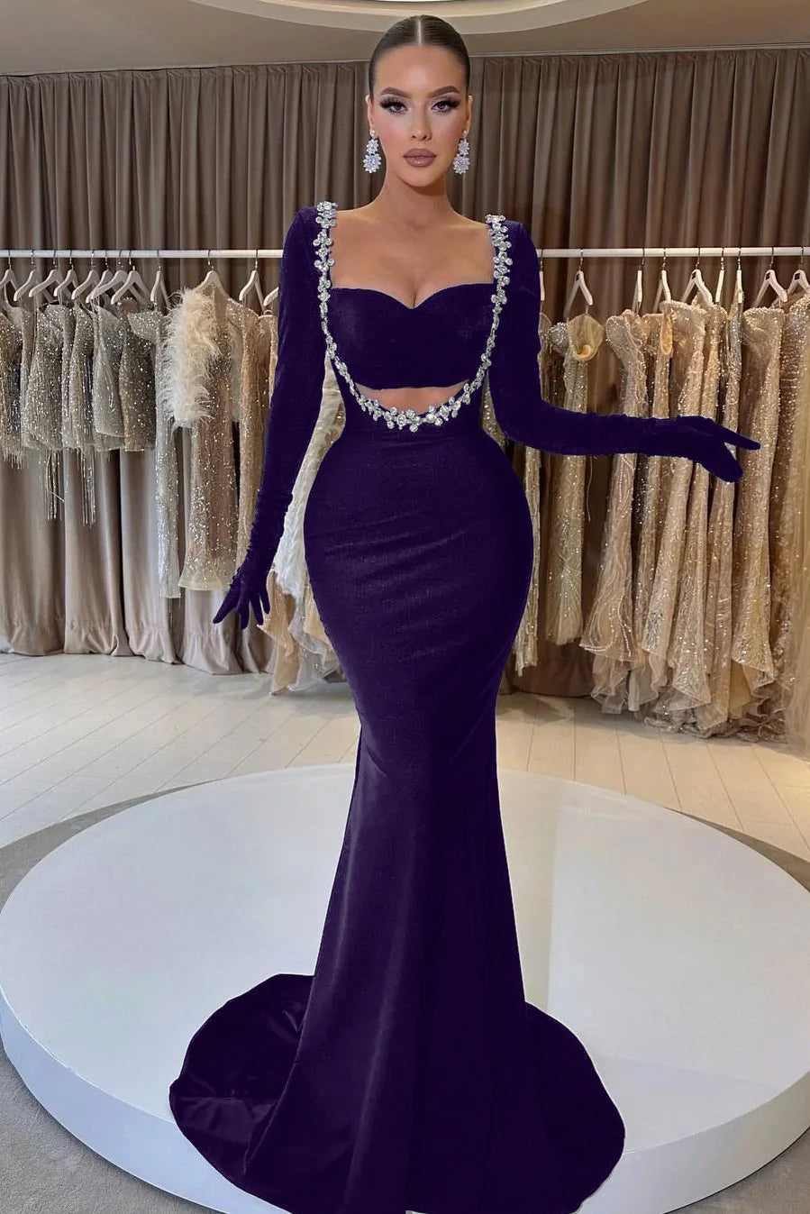 Black Long Sleeve Beaded Charming Mermaid Prom Dress With Gloves