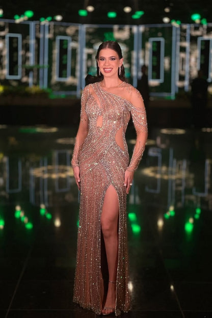 Gorgeous Long Sleeves Beads Mermaid Prom Dress With Split