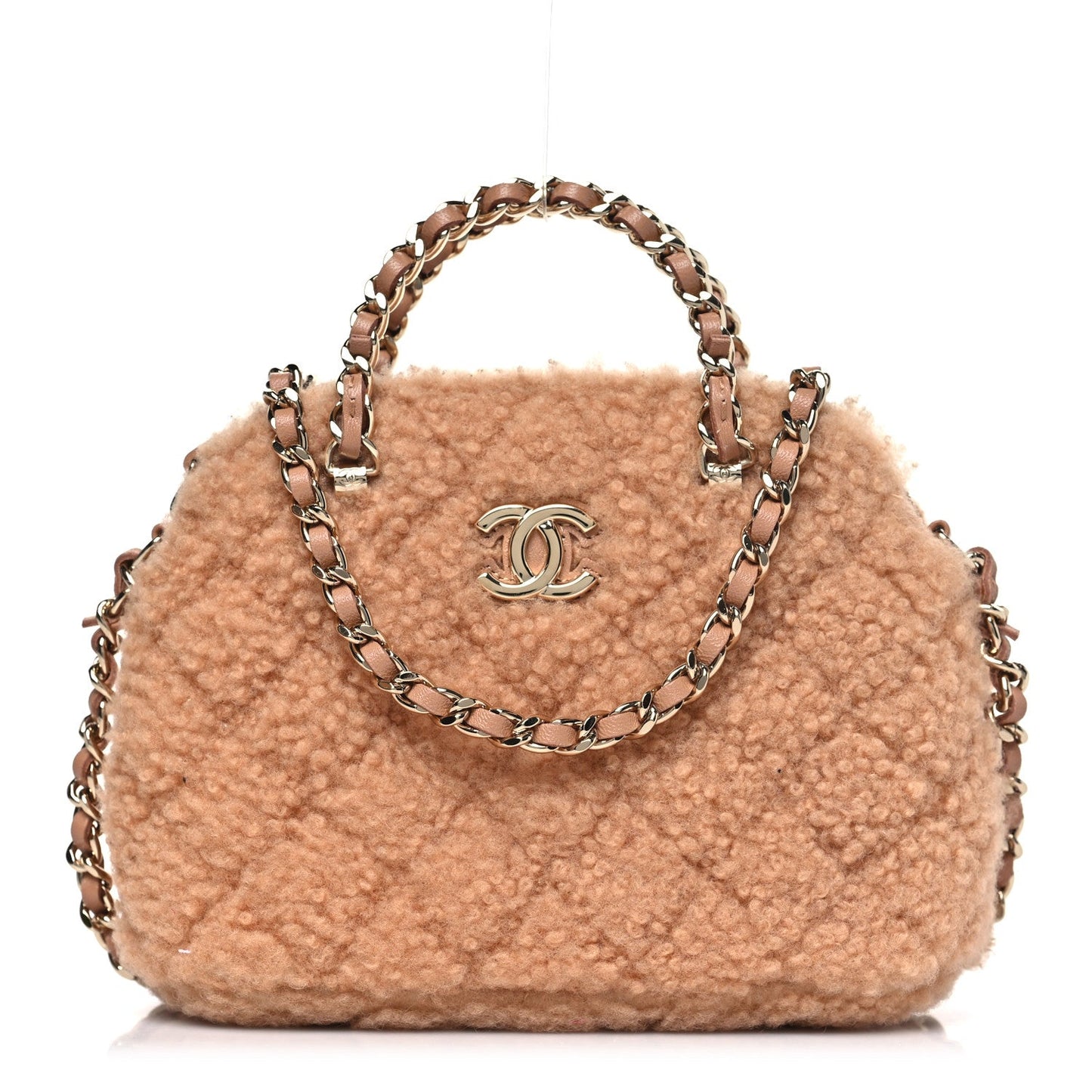 Shearling Quilted Shiny Coco Clutch With Chain Dark Beige